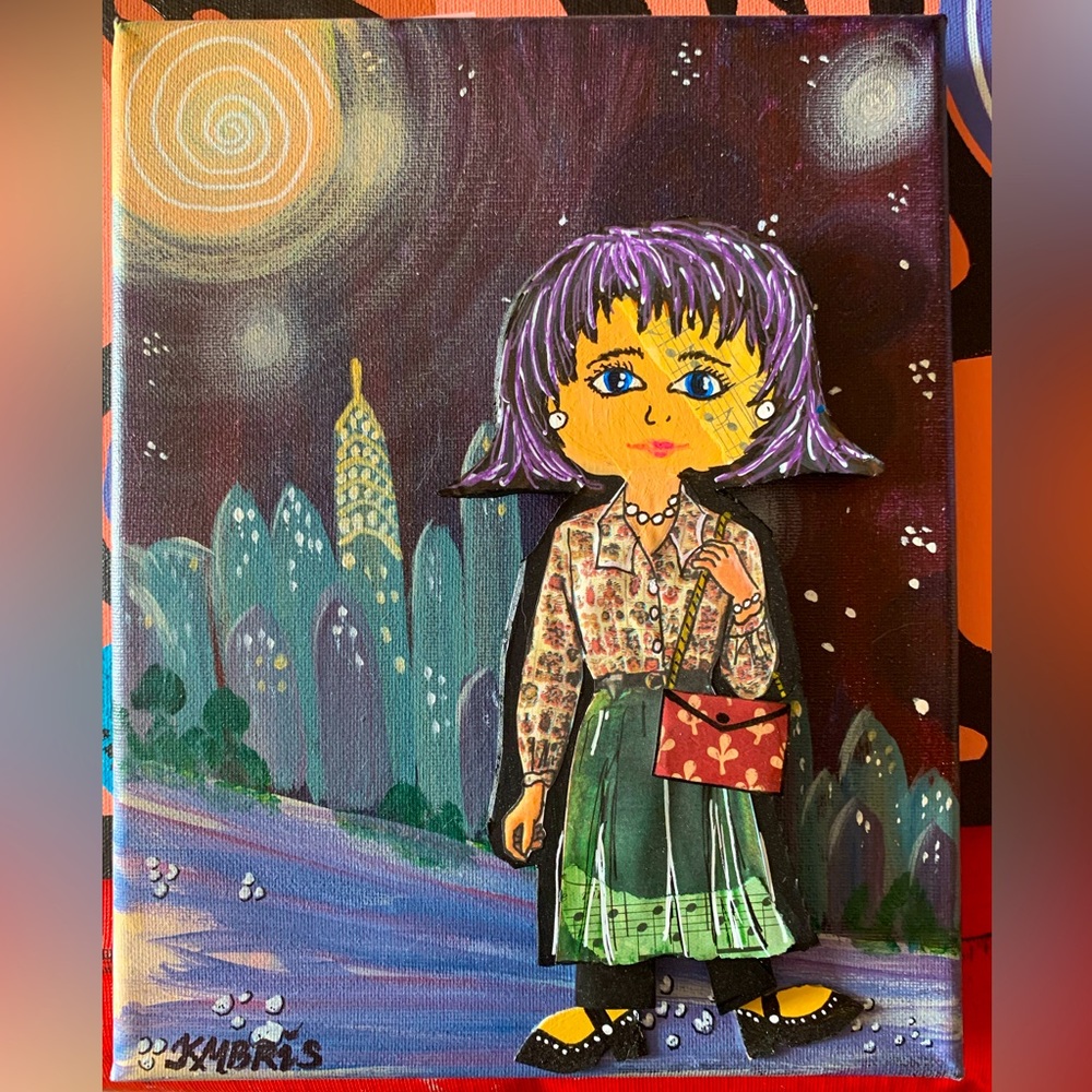 ORIGINAL mixed media paper doll wall art, The Great White Way,